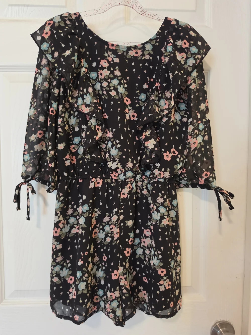 Justice Black Floral Romper with Pink and Blue Blooms Size 10